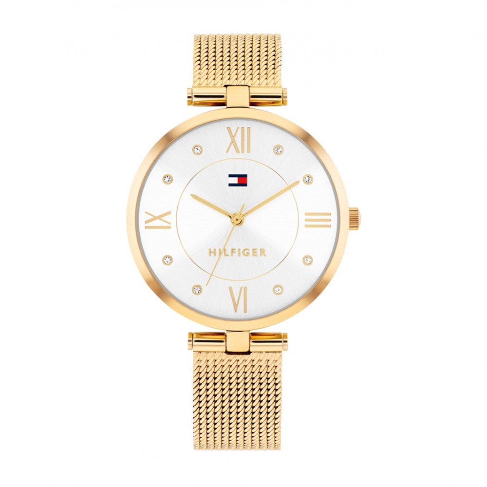 Tommy Hilfiger White 1782805 Quartz Επιχρυσωμένο Ανοξείδωτο ατσάλι Μπρασελέ Λευκό χρώμα καντράν Κρύσταλλα