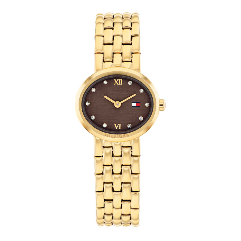 Tommy Hilfiger Moira 1782844 Quartz Επιχρυσωμένο Ανοξείδωτο ατσάλι Μπρασελέ Σοκολατί χρώμα καντράν Κρύσταλλα