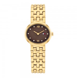 Tommy Hilfiger Moira 1782844 Quartz Επιχρυσωμένο Ανοξείδωτο ατσάλι Μπρασελέ Σοκολατί χρώμα καντράν Κρύσταλλα