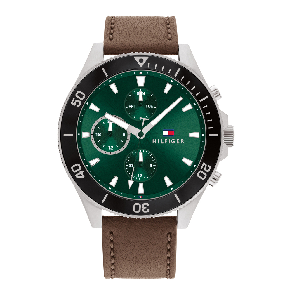Tommy Hilfiger Larson 1791983 Quartz Multi function Stainless steel Brown leather strap Green color dial