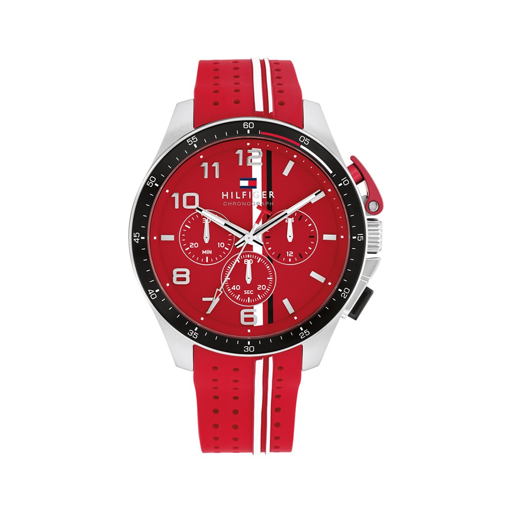 Tommy Hilfiger Bank 1792170 Quartz Πολλαπλών ενδείξεων Ανοξείδωτο ατσάλι Κόκκινο καουτσούκ λουρί Κόκκινο χρώμα καντράν