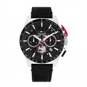 Tommy Hilfiger Bank 1792258 Quartz Πολλαπλών ενδείξεων Ανοξείδωτο ατσάλι Μαύρο δερμάτινο λουρί Μαύρο χρώμα καντράν