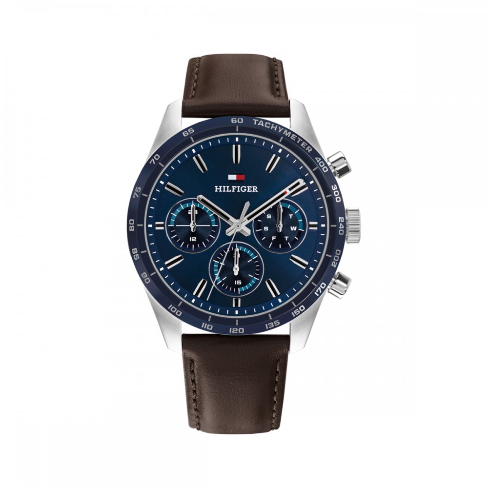 Tommy Hilfiger Hampton 1792276 Quartz Πολλαπλών ενδείξεων Ανοξείδωτο ατσάλι Καφέ δερμάτινο λουρί Μπλε χρώμα καντράν
