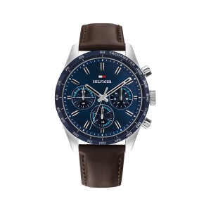 Tommy Hilfiger Hampton 1792276 Quartz Πολλαπλών ενδείξεων Ανοξείδωτο ατσάλι Καφέ δερμάτινο λουρί Μπλε χρώμα καντράν