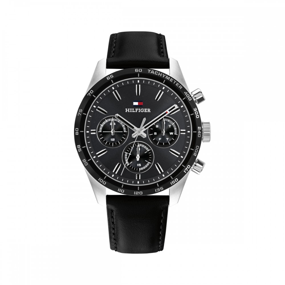 Tommy Hilfiger Hampton 1792277 Quartz Πολλαπλών ενδείξεων Ανοξείδωτο ατσάλι Μαύρο δερμάτινο λουρί Μαύρο χρώμα καντράν