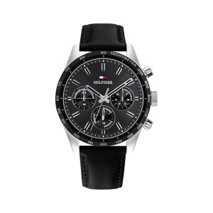 Tommy Hilfiger Hampton 1792277 Quartz Πολλαπλών ενδείξεων Ανοξείδωτο ατσάλι Μαύρο δερμάτινο λουρί Μαύρο χρώμα καντράν