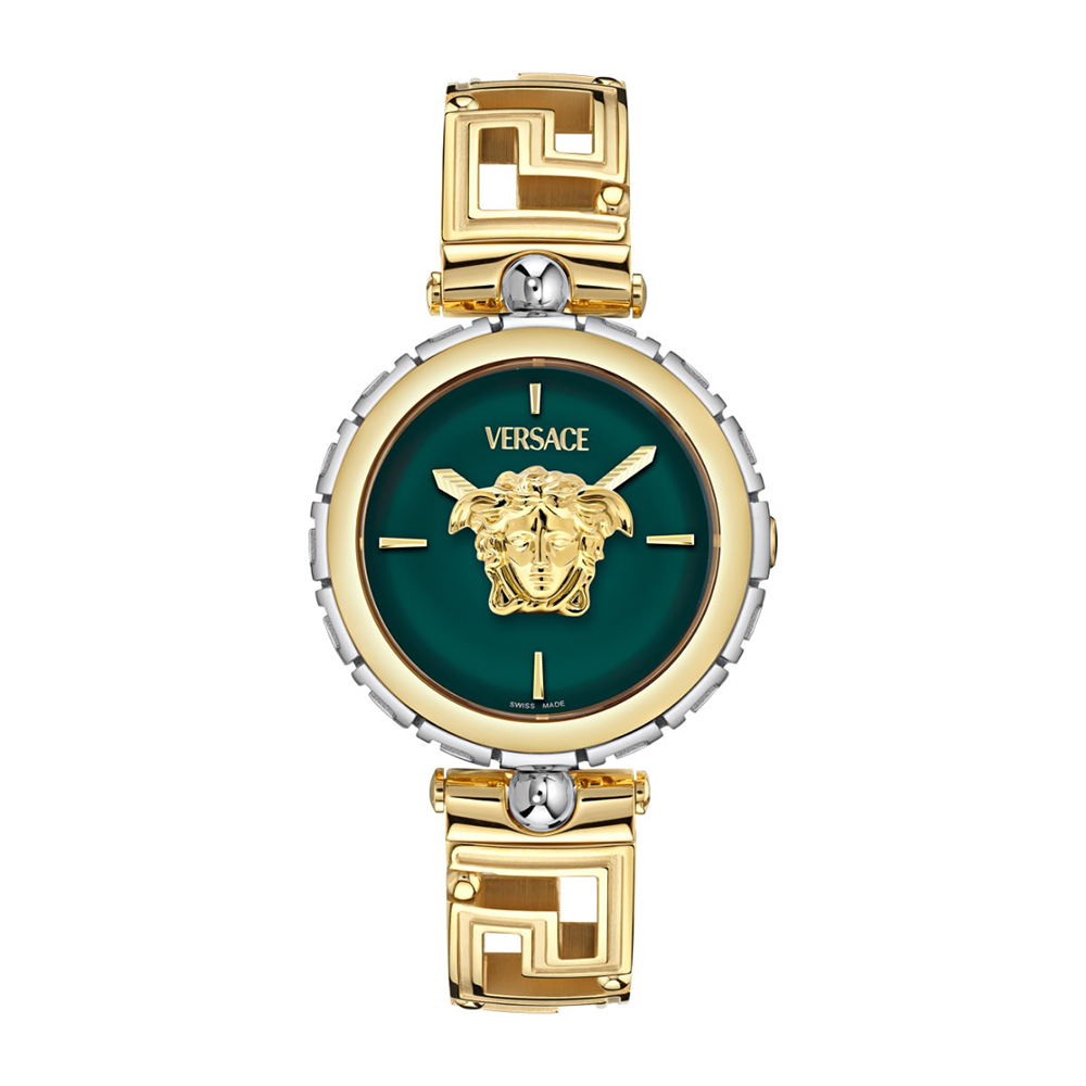 Versace Medusa Jewel VE0B00325 Three Hands Ανοξείδωτο ατσάλι Μπρασελέ Πράσινο χρώμα καντράν Επιχρυσωμένη στεφάνη