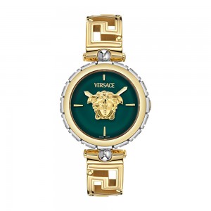 Versace Medusa Jewel VE0B00325 Three Hands Ανοξείδωτο ατσάλι Μπρασελέ Πράσινο χρώμα καντράν Επιχρυσωμένη στεφάνη