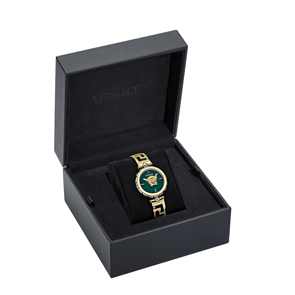 Versace Medusa Jewel VE0B00325 Three Hands Ανοξείδωτο ατσάλι Μπρασελέ Πράσινο χρώμα καντράν Επιχρυσωμένη στεφάνη
