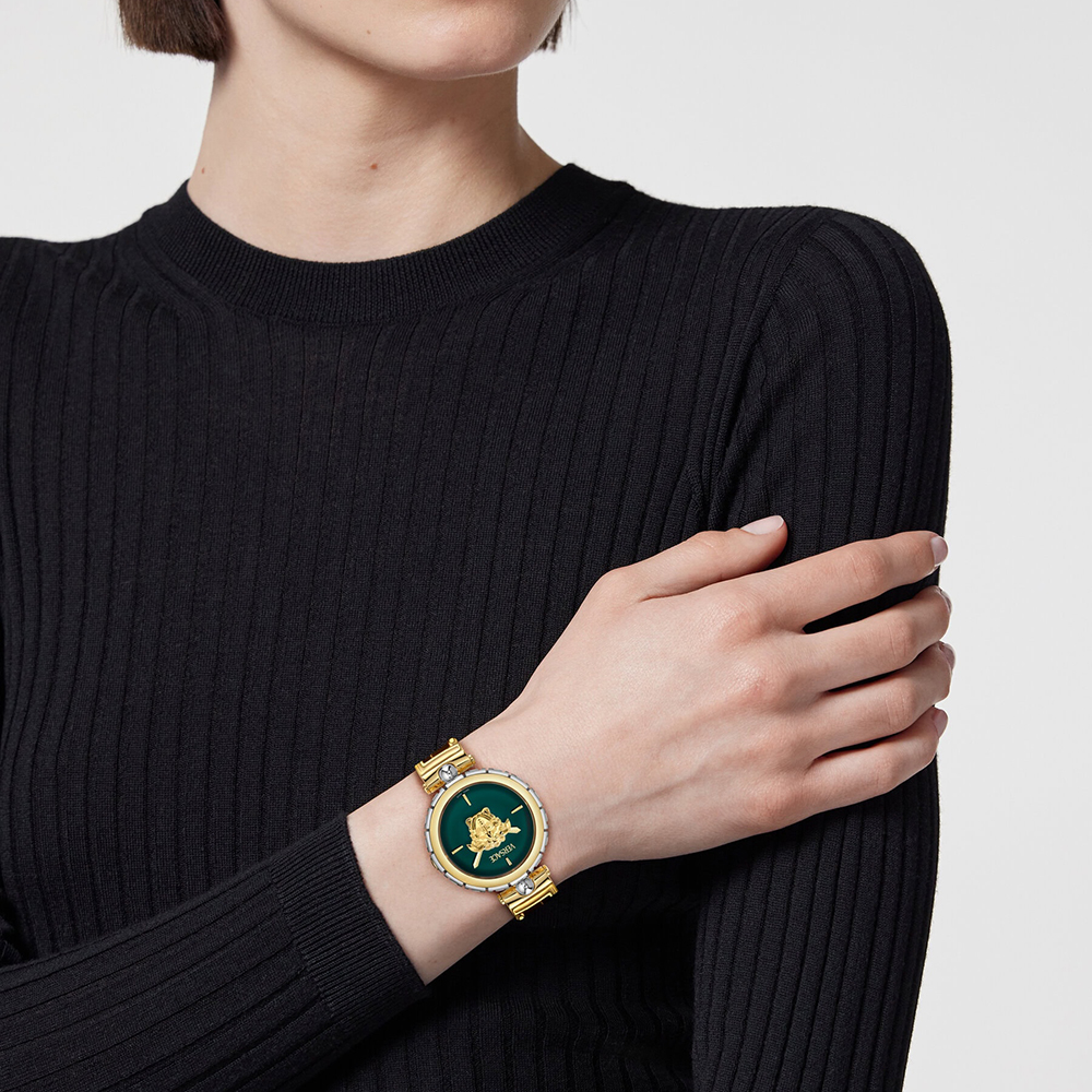 Versace Medusa Jewel VE0B00325 Three Hands Ανοξείδωτο ατσάλι Μπρασελέ Πράσινο χρώμα καντράν Επιχρυσωμένη στεφάνη