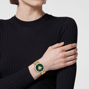 Versace Medusa Jewel VE0B00325 Three Hands Ανοξείδωτο ατσάλι Μπρασελέ Πράσινο χρώμα καντράν Επιχρυσωμένη στεφάνη