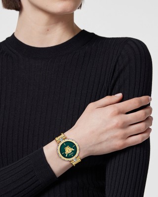 Versace Medusa Jewel VE0B00325 Three Hands Ανοξείδωτο ατσάλι Μπρασελέ Πράσινο χρώμα καντράν Επιχρυσωμένη στεφάνη