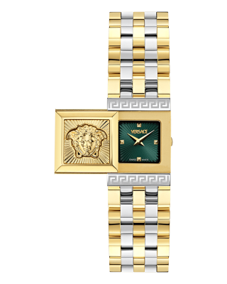 Versace Reveal VE0C00125 Three Hands Ανοξείδωτο ατσάλι Μπρασελέ Πράσινο χρώμα καντράν Επιχρυσωμένη στεφάνη