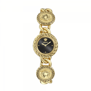 Versace Greca Stud Icon VE0Q00525 Three Hands Επιχρυσωμένο ανοξείδωτο ατσάλι Μπρασελέ Μαύρο χρώμα καντράν
