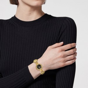 Versace Greca Stud Icon VE0Q00525 Three Hands Επιχρυσωμένο ανοξείδωτο ατσάλι Μπρασελέ Μαύρο χρώμα καντράν