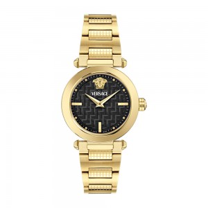 Versace Greek VE5B00625 Three Hands Επιχρυσωμένο ανοξείδωτο ατσάλι Μπρασελέ Μαύρο χρώμα καντράν