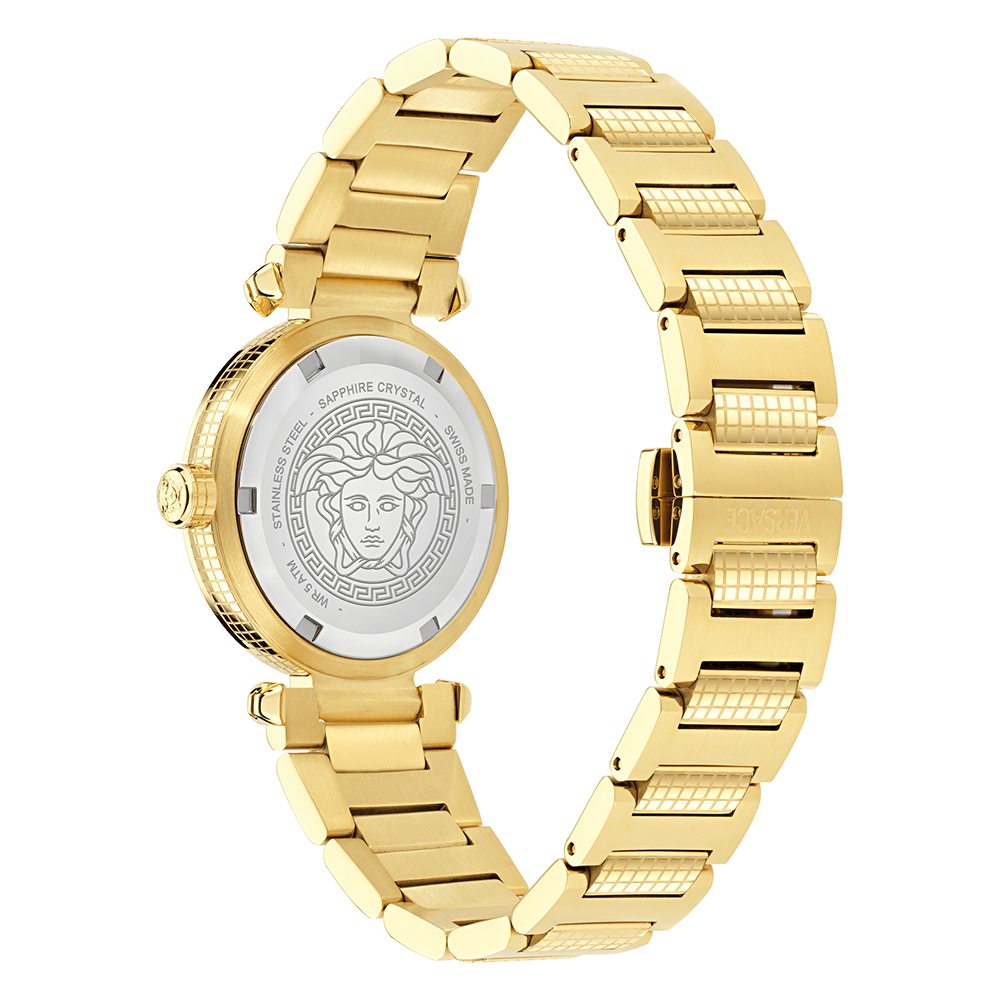 Versace Greek VE5B00625 Three Hands Επιχρυσωμένο ανοξείδωτο ατσάλι Μπρασελέ Μαύρο χρώμα καντράν