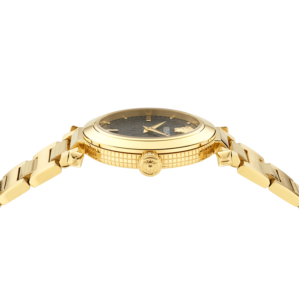 Versace Greek VE5B00625 Three Hands Επιχρυσωμένο ανοξείδωτο ατσάλι Μπρασελέ Μαύρο χρώμα καντράν
