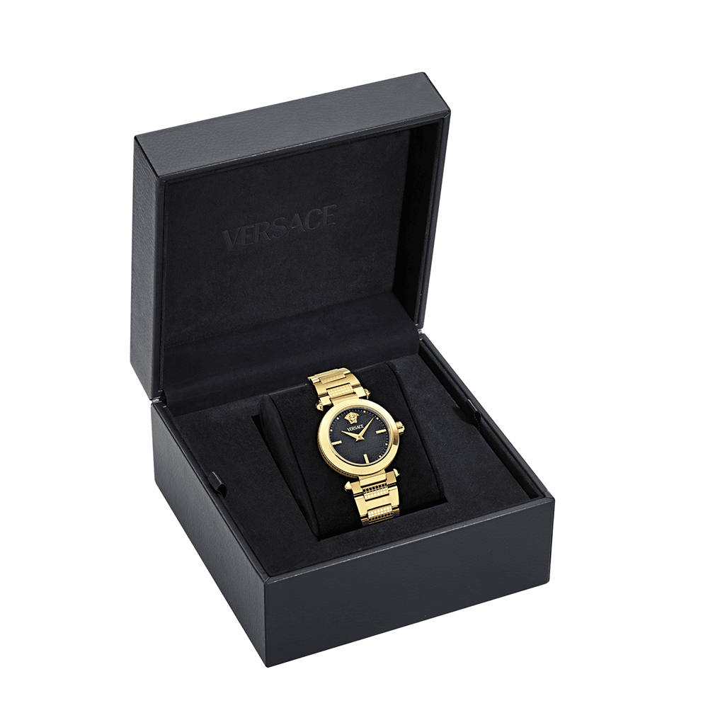 Versace Greek VE5B00625 Three Hands Επιχρυσωμένο ανοξείδωτο ατσάλι Μπρασελέ Μαύρο χρώμα καντράν