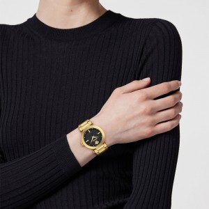 Versace Greek VE5B00625 Three Hands Επιχρυσωμένο ανοξείδωτο ατσάλι Μπρασελέ Μαύρο χρώμα καντράν