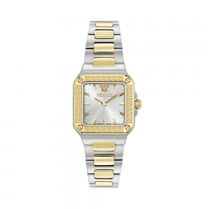 Versace Greca Edge VE5G00226 Three Hands Ανοξείδωτο ατσάλι Μπρασελέ Ασημί χρώμα καντράν Επιχρυσωμένη στεφάνη