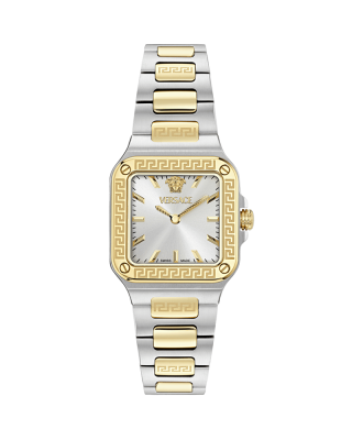 Versace Greca Edge VE5G00226 Three Hands Ανοξείδωτο ατσάλι Μπρασελέ Ασημί χρώμα καντράν Επιχρυσωμένη στεφάνη