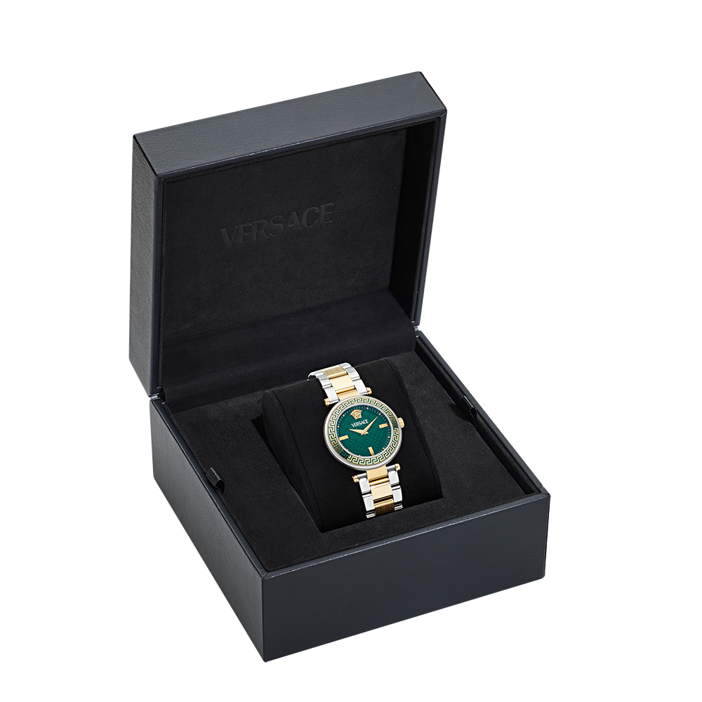 Versace Reve VE8B00524 Quartz Ανοξείδωτο ατσάλι Μπρασελέ Πράσινο χρώμα καντράν Επιχρυσωμένη στεφάνη