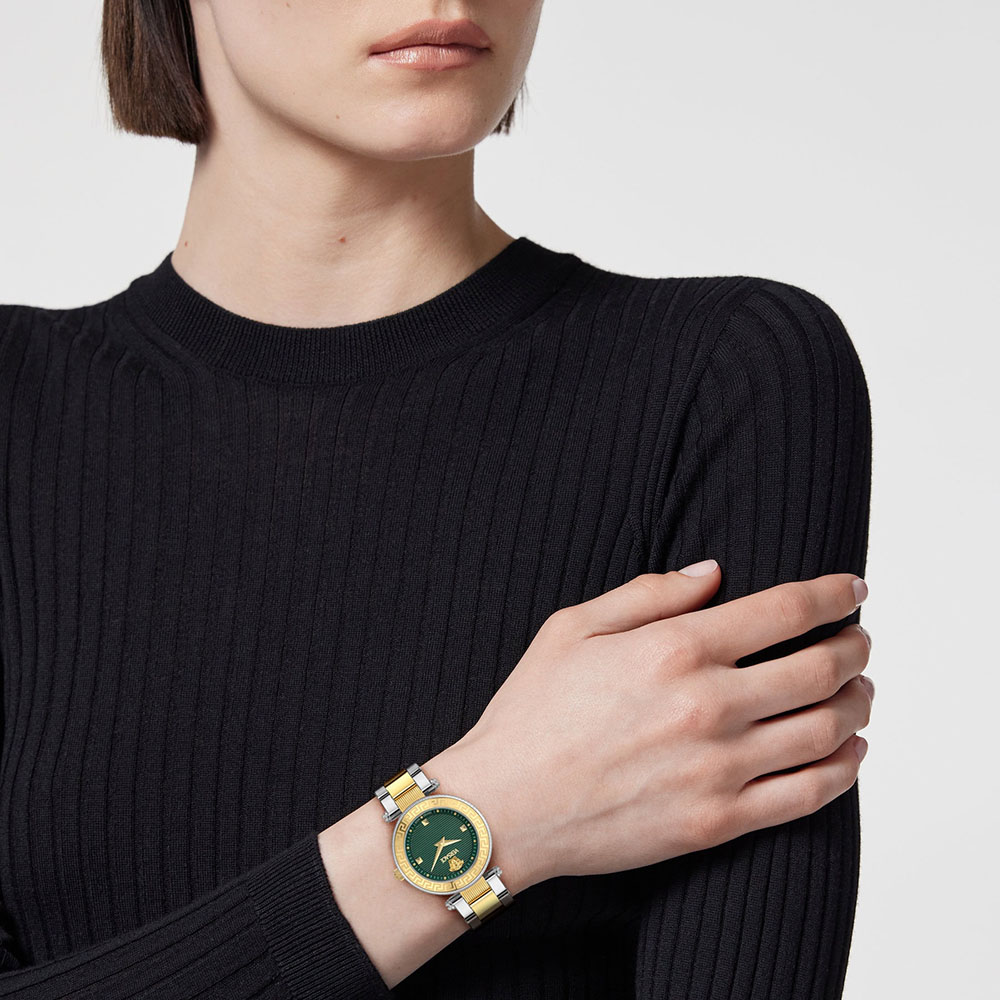 Versace Revive Petite VEBFA0324 Three Hands Ανοξείδωτο ατσάλι Μπρασελέ Πράσινο χρώμα καντράν Επιχρυσωμένη στεφάνη