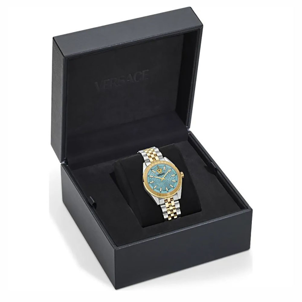 Versace V-Code Lady VE8I00524 Quartz Ανοξείδωτο ατσάλι Διμεταλλικό Μπρασελέ Τιρκουάζ χρώμα καντράν Επιχρυσωμένη στεφάνη