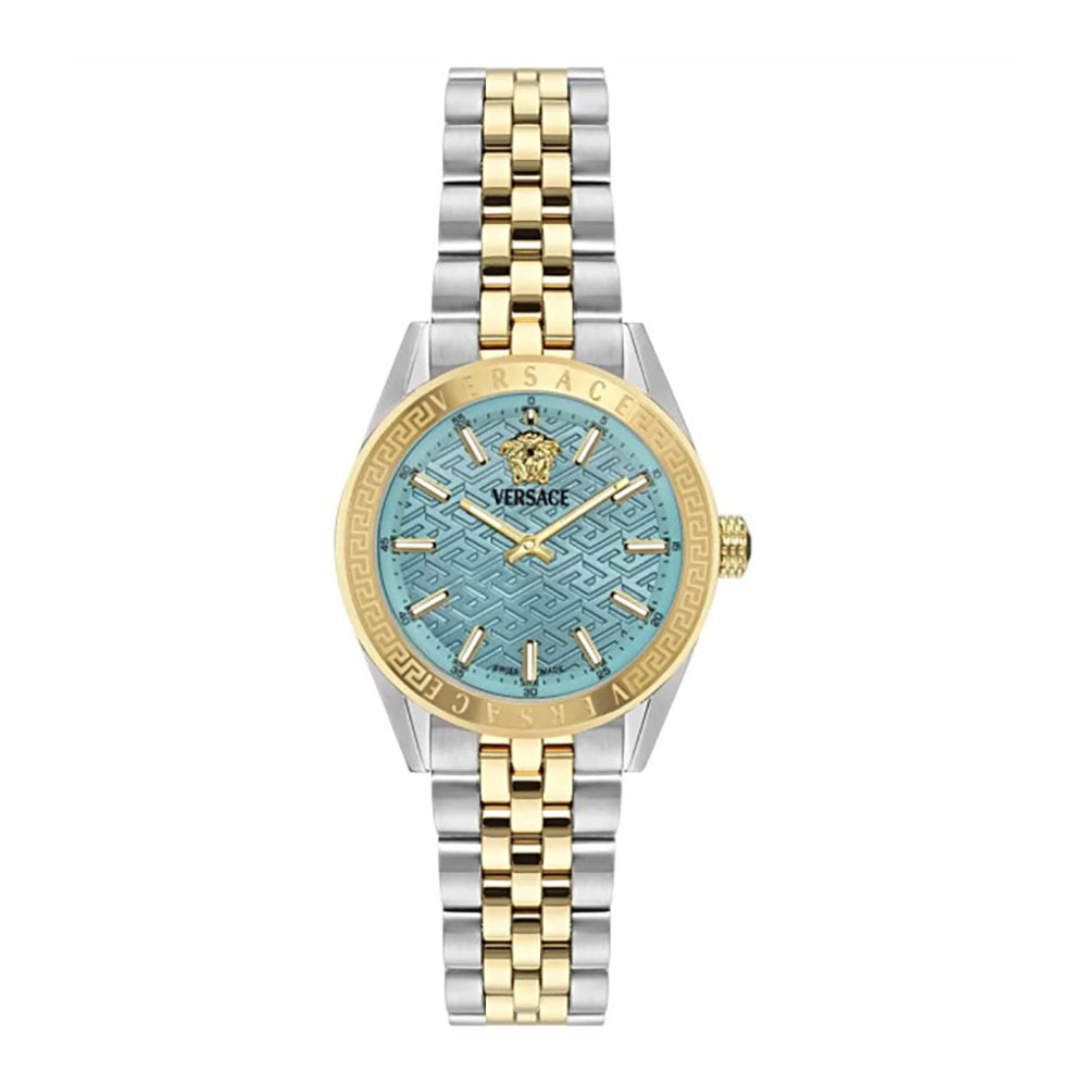 Versace V-Code Lady VE8I00524 Quartz Ανοξείδωτο ατσάλι Διμεταλλικό Μπρασελέ Τιρκουάζ χρώμα καντράν Επιχρυσωμένη στεφάνη