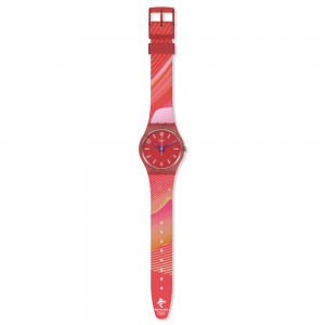 Swatch Charm of Calligraphy SO28Z105 Quartz Biologic case Red rubber strap Red color dial