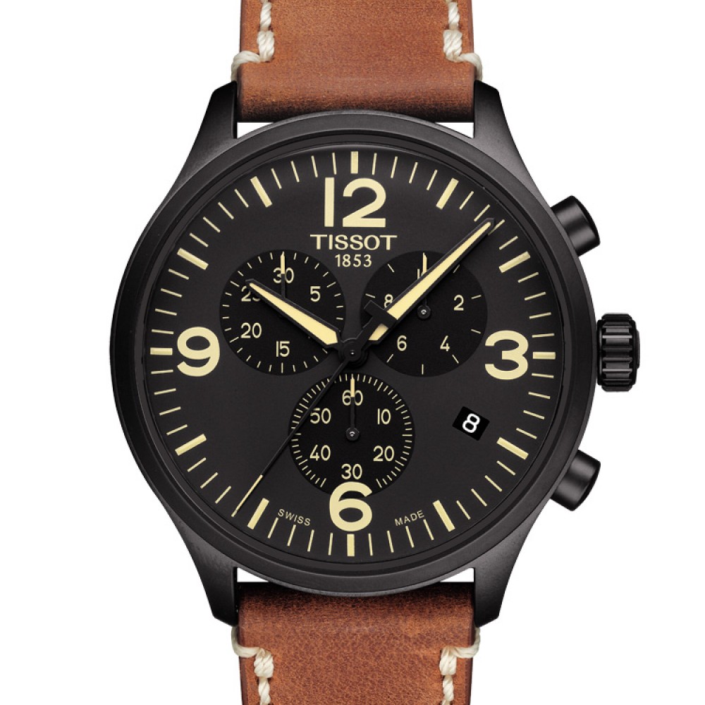 TISSOT T-Sport chrono XL T116.617.36.057.00 Quartz Ανοξείδωτο ατσάλι Καφε δερμάτινο λουρί Μαύρο χρώμα καντράν