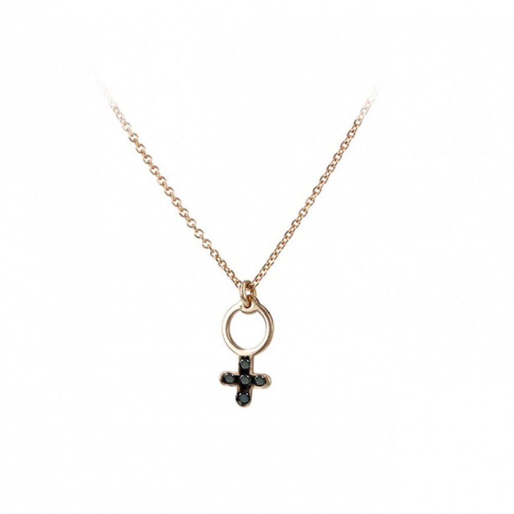 Cross with chain Pink gold K14 and black diamodns Brilliant cut Code 005383