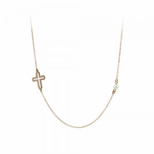 Necklace Pink gold K14 with cross and pearl Code 005393 