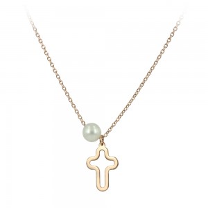 Cross with chain Pink gold K14 and pearl Code 005395
