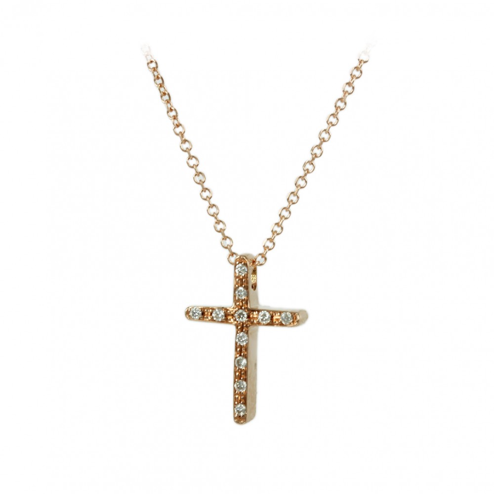 Cross with chain Pink gold K18 and diamond Brilliant cut Code 006180 
