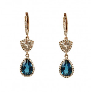 Earrings Pink gold K18 with London Blue Topaz, Morganite and diamonds Code 006182