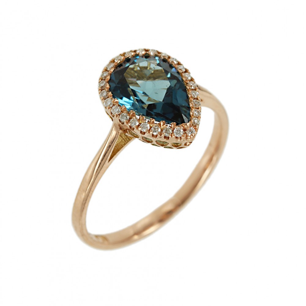 Δαχτυλίδι Ροζ χρυσός Κ18 με London Blue Τοπάζι και Διαμάντια Κωδικός 006184